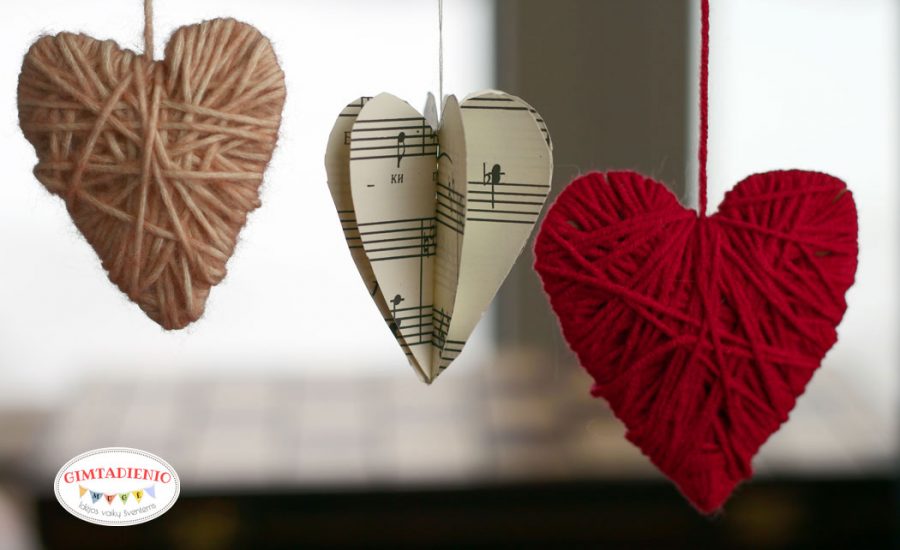popierinės ir siūlų širdelės kūrybiniai darbeliai vaikams valentino dienai